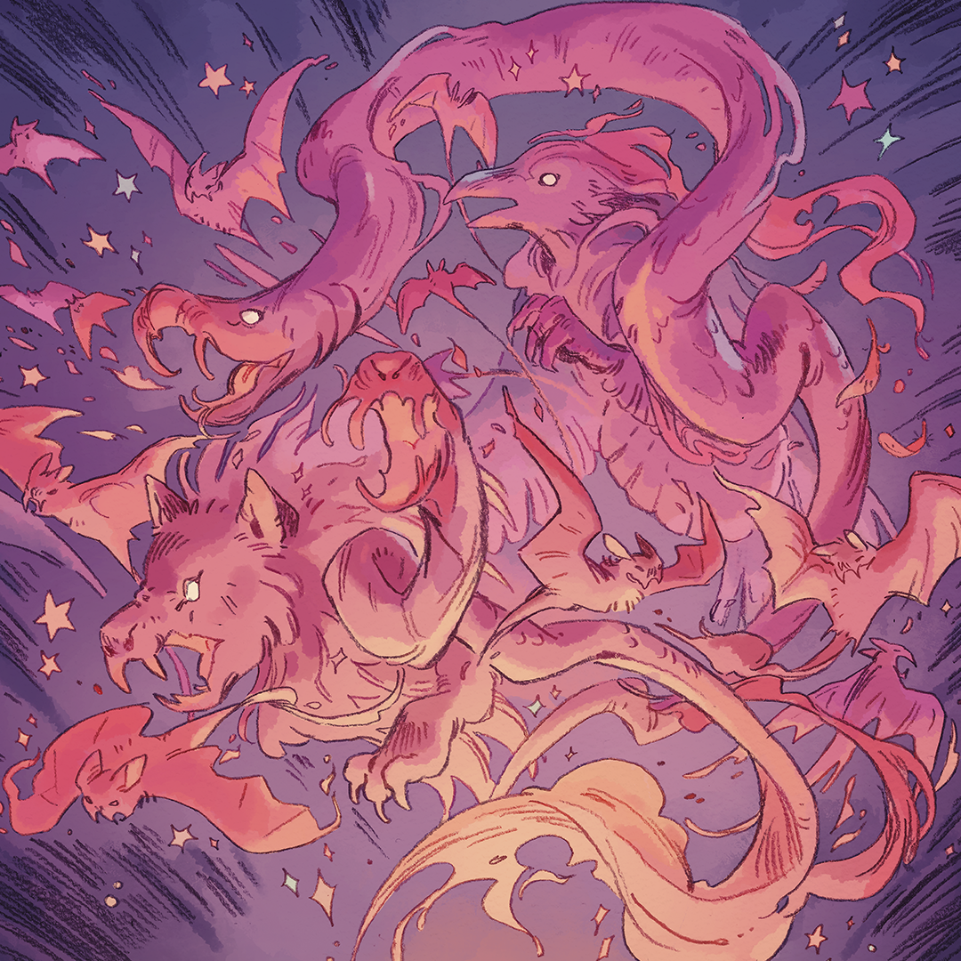 Colorful dragon illustration with a purple and pink gradient.