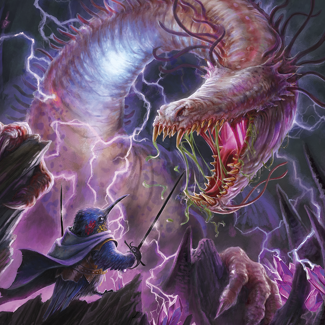 Illustration of a warrior facing a large dragon with lightning effects