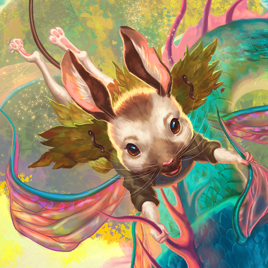Fantasy illustration of a mouse with leaf wings against a colorful background