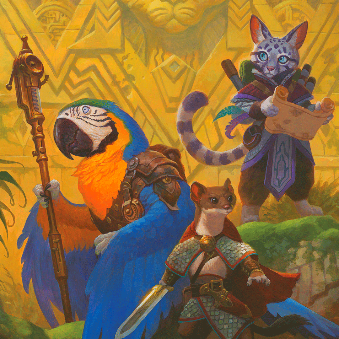 Three anthropomorphic animals in armor with a colorful parrot, cat-like creature, and fox-like creature against a vibrant yellow background.