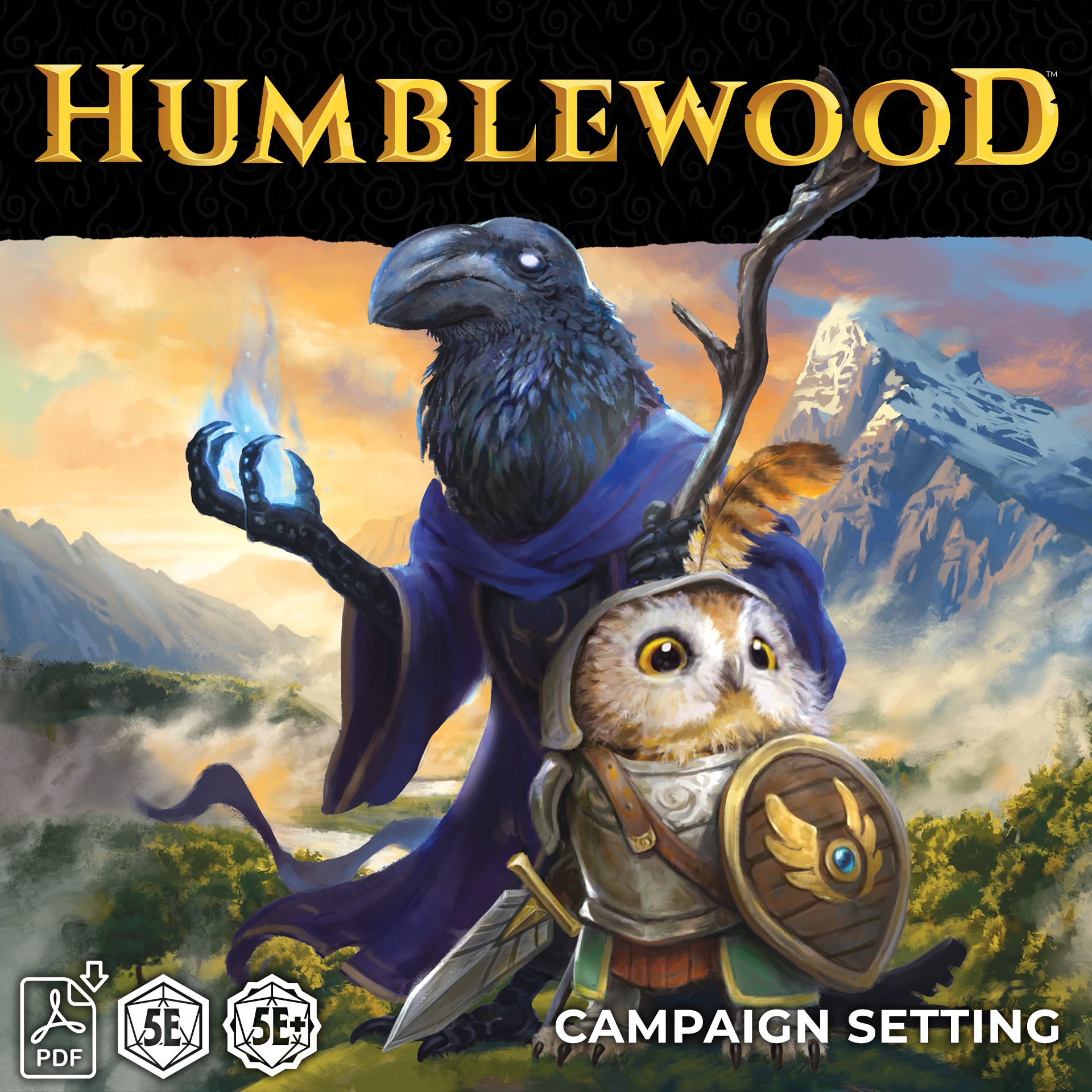 Cover of 'Humblewood' campaign setting with a crow and owl in fantasy attire against a mountainous landscape.
