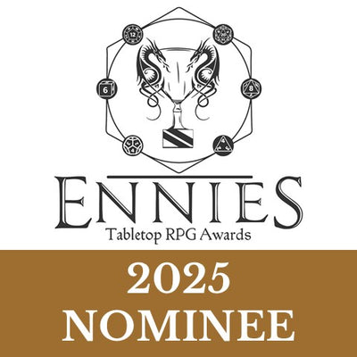 2025 ENNIES Tabletop RPG Awards nominee logo with a stylized trophy and symbols on a white background.