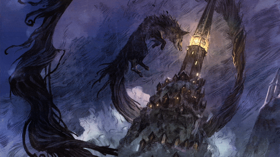 Animation of a fox flying in a storm looking at a lighthouse.