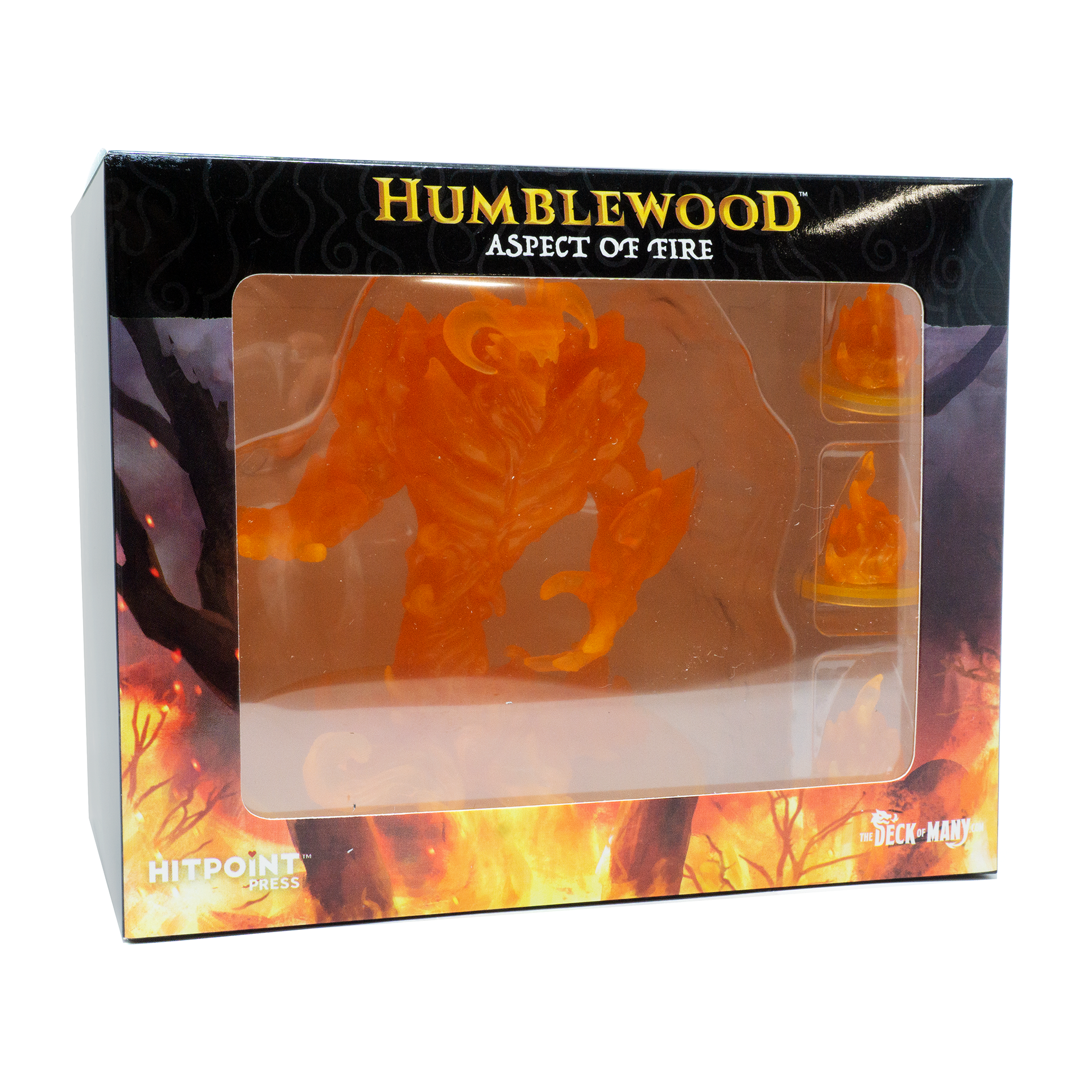 Humblewood Aspect of Fire product packaging with fiery design
