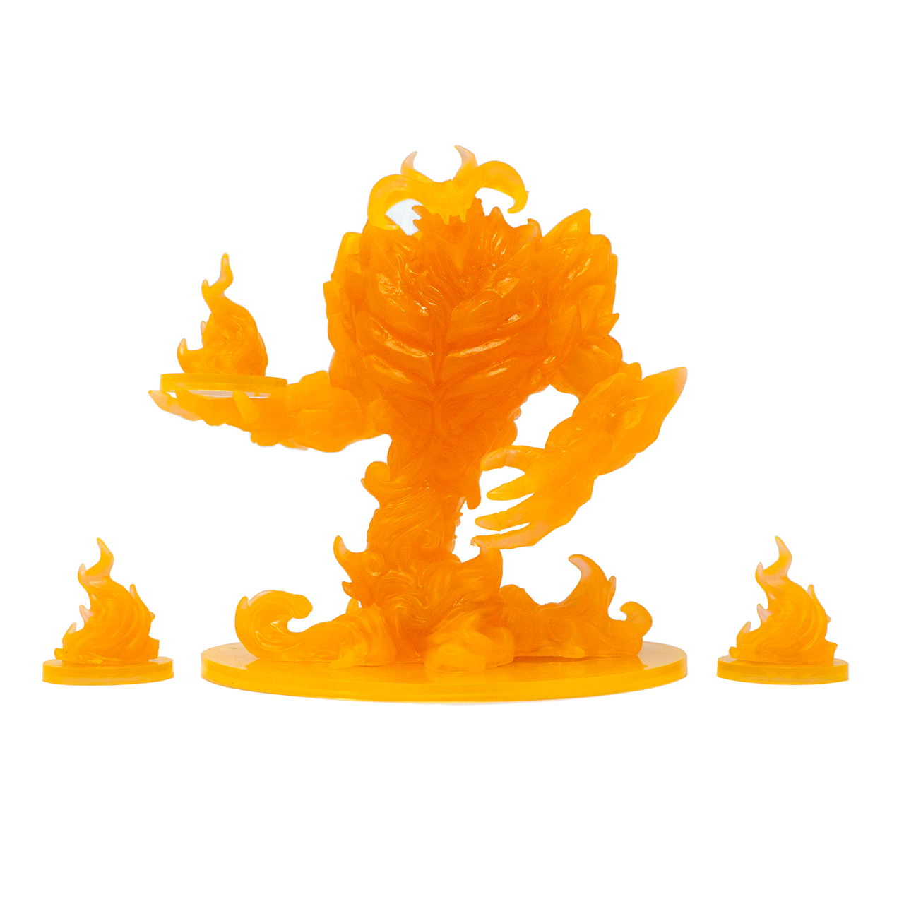Orange fantasy creature figurine with smaller figures on a white background