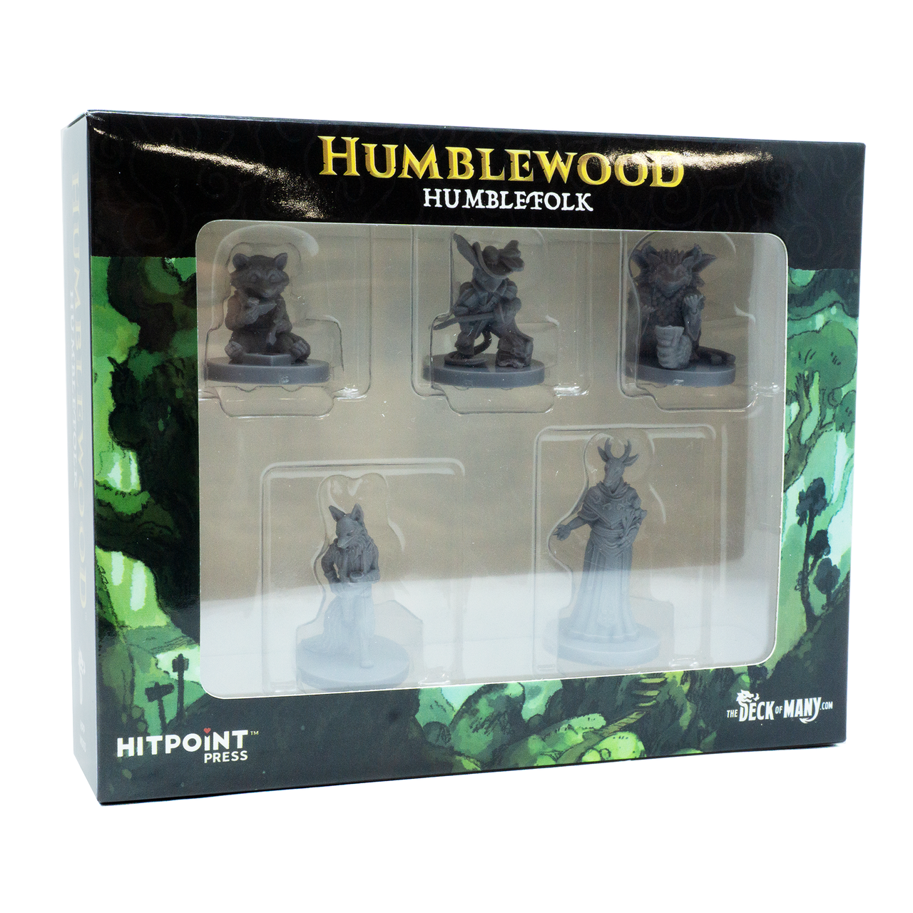 Box of Humblewood figurines with green and black design