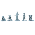 Five gray miniature figurines on a white background