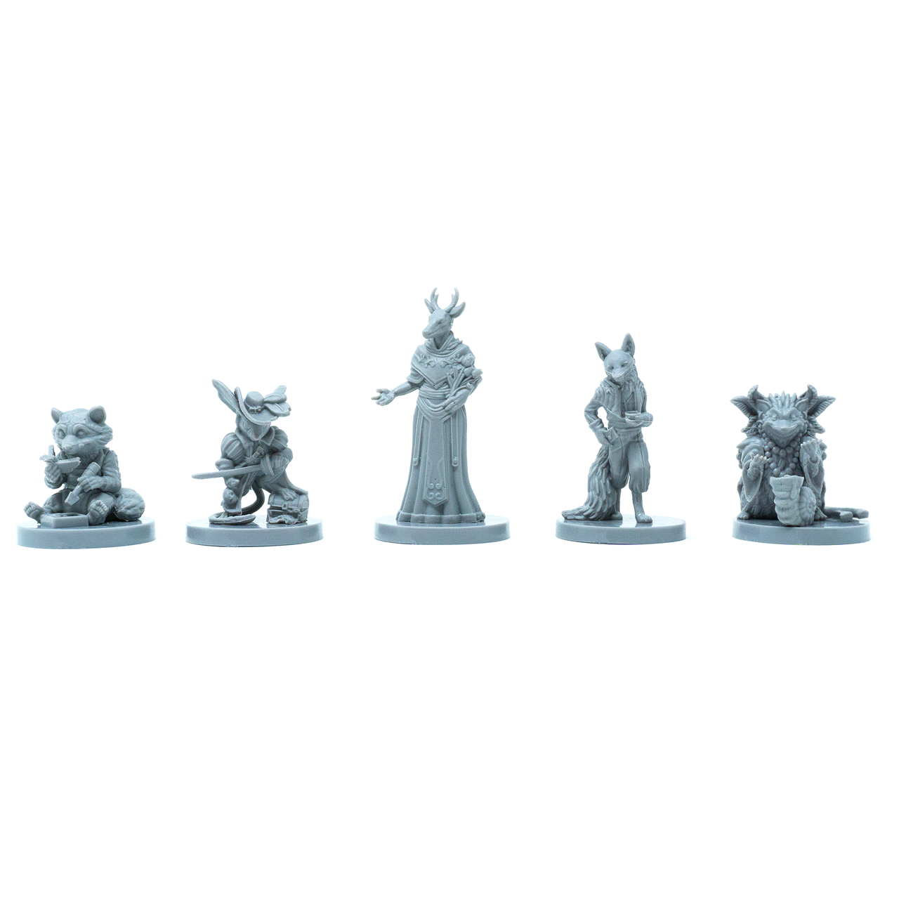Five gray miniature figurines on a white background