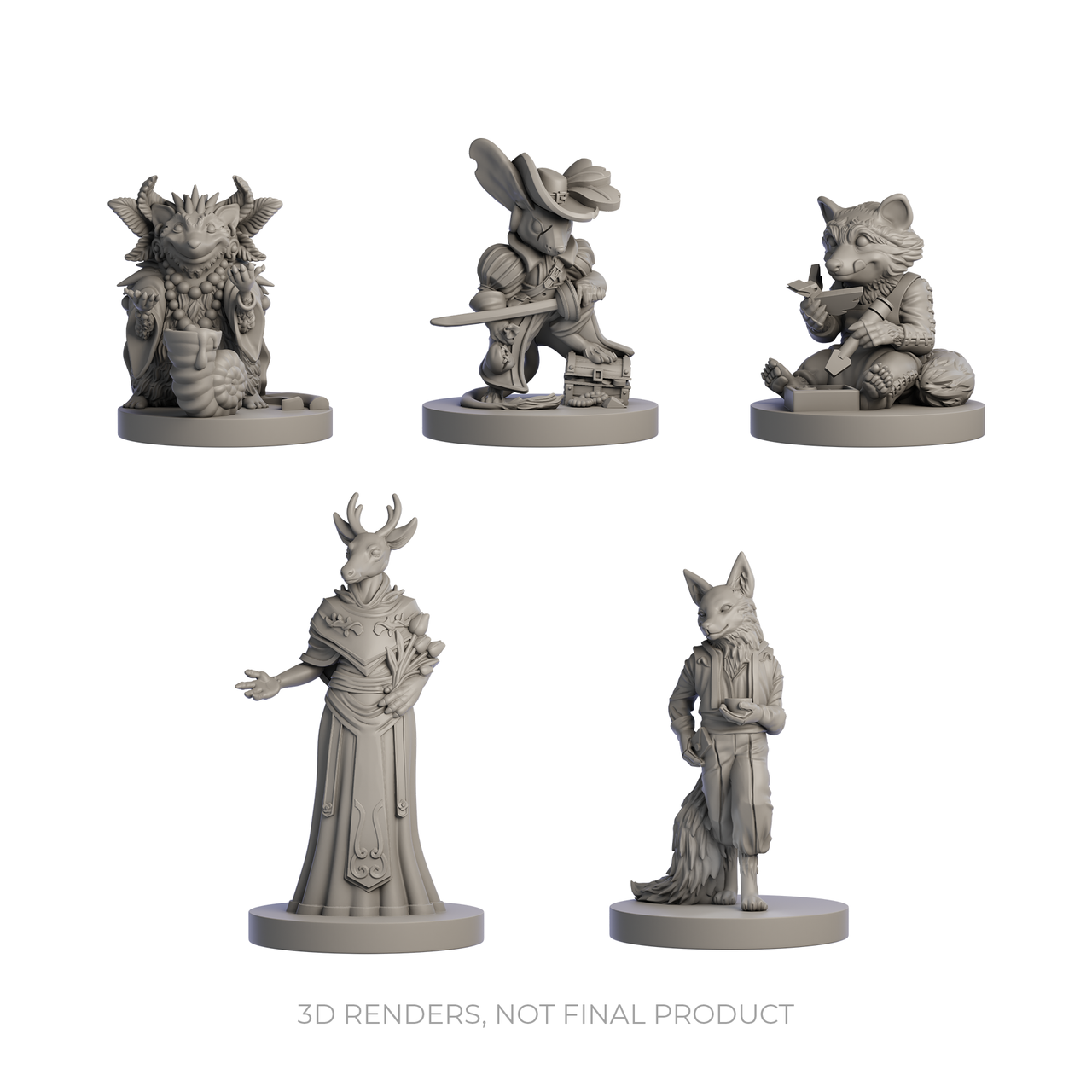 Five gray fantasy figurines on a white background with '3D Renders, Not Final Product' text.