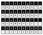 Alphabet, numbers, and symbols in a grid layout on a white background