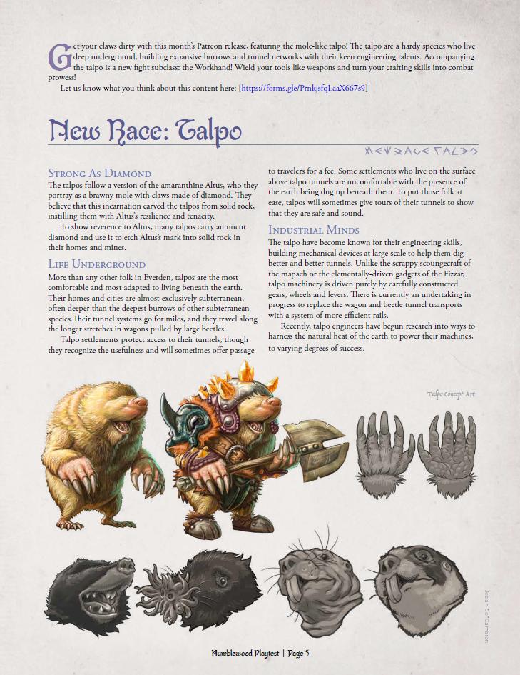 Humblewood Beta: Talpo & Workhand Fighter Subclass (PDF)