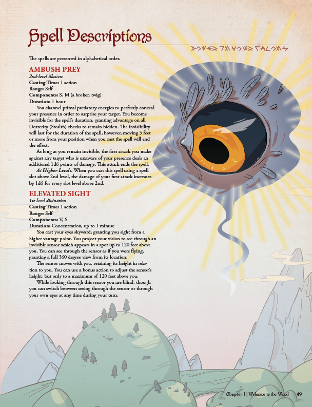 Spell description page with an eye illustration and mountain landscape