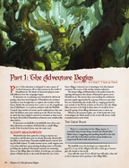 Page from a book or game manual with text and illustrations of characters in a forest setting.