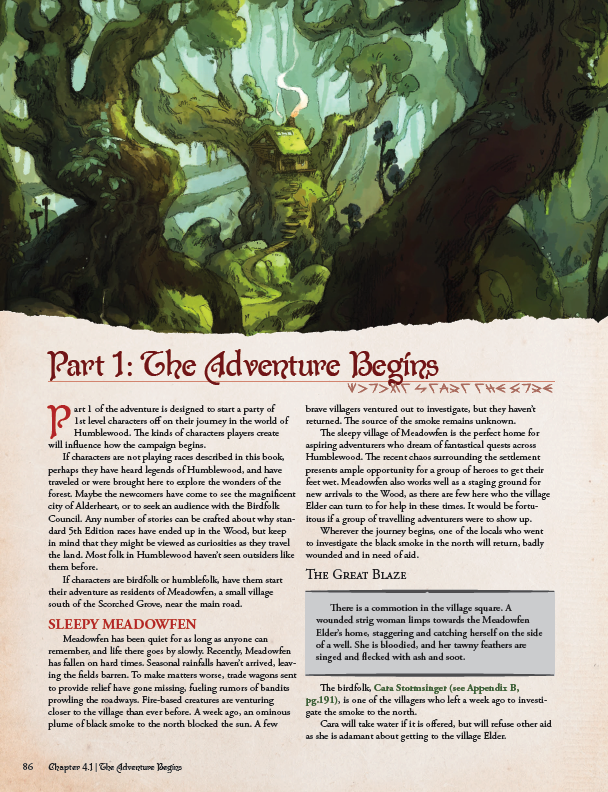 Page from a book or game manual with text and illustrations of characters in a forest setting.