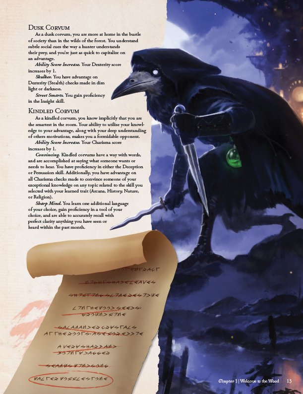 Illustration of a crow with a scroll and text on a mystical background