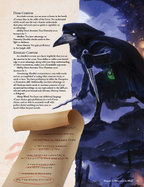 Illustration of a crow with a scroll and text on a mystical background