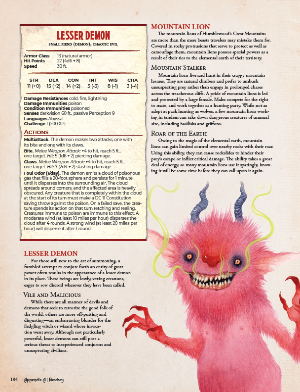 Monster description page from a fantasy role-playing game book with a pink demon illustration.