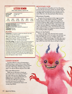 Monster description page from a fantasy role-playing game book with a pink demon illustration.