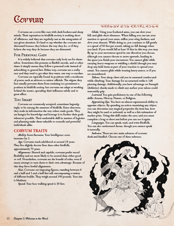 Page from a book or game manual featuring a character named Corvurn with text and an illustration.