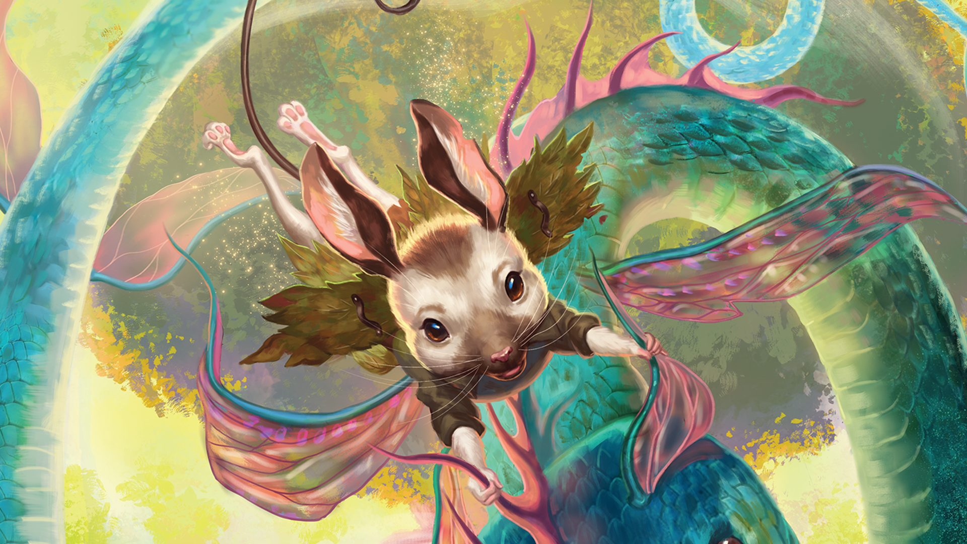 Fantasy creature with rabbit-like features and dragon wings in a colorful, otherworldly setting.